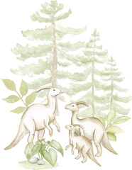 Watercolor Dinosaur Family Walking Through Forest © liliia_sinhina
