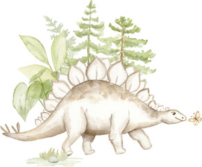 Watercolor Stegosaurus Walking Through Prehistoric Forest © liliia_sinhina