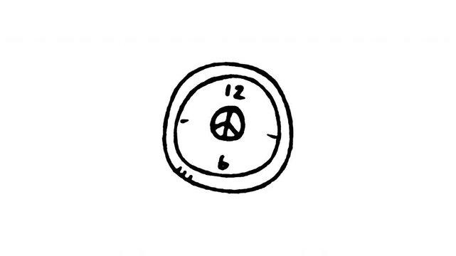 Animated doodle icon of a clock face displaying a peace symbol representing time for peace.