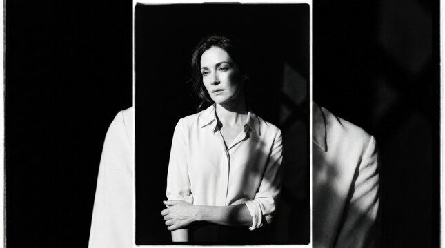 Woman in a pale blouse photographed from a low viewpoint against deep black surroundings, grainy monochrome editorial portrait, dramatic spotlight on face and torso, geometric dark shadows,