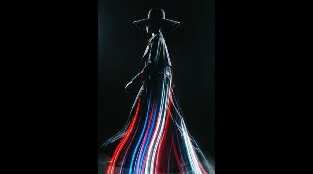 Tall fashion figure with a wide dark hat and long garment dissolving into vertical red, blue and white light trails, black background, experimental motion photography, elegant surreal silhouette and