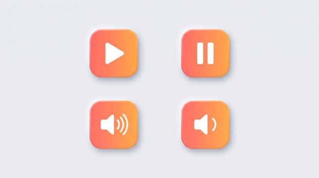 Neumorphic media player icons set, orange gradient play and pause buttons, 4 modern 3D volume and audio control elements for web interface design