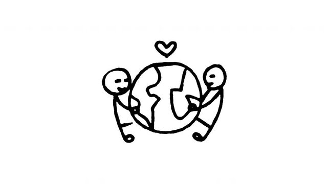Animated doodle icon of diverse people holding hands around the world globe for unity.