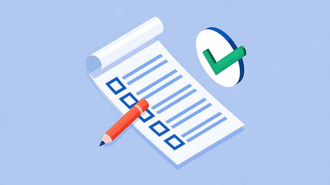  A survey or exam form featuring a long sheet of paper with a completed quiz checklist and a successful result.