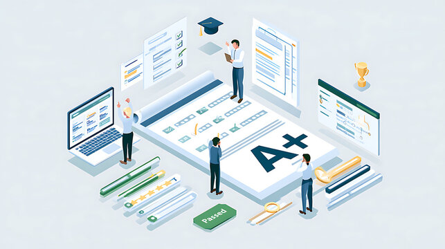 Isometric flat vector illustration depicting the concept of online exams, questionnaires, surveys and internet quizzes.
