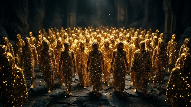 Large crowd of people wearing shiny gold metallic outfits standing together in a dark mysterious atmospheric setting