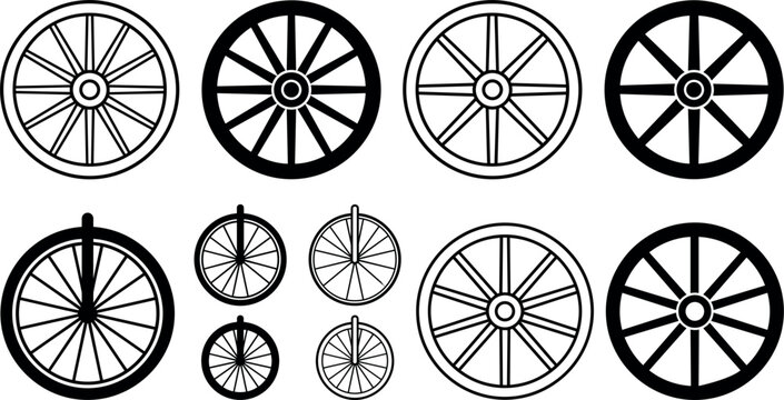 Minimalist black and white wagon wheel vector icon set featuring antique wooden spokes rustic carriage components and vintage penny farthing bicycle tire silhouettes