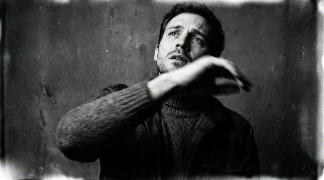 Black and white portrait of a man looking upward while one arm blurs across the frame, expressive fine-art photography, deep black clothing, grainy gray background, dramatic motion blur, high
