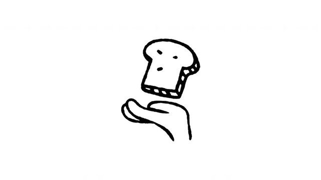 Animated doodle icon of hands giving a loaf of bread symbol of food donation and humanitarian aid.