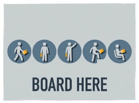 Boarding sign with public transport icons and board here text