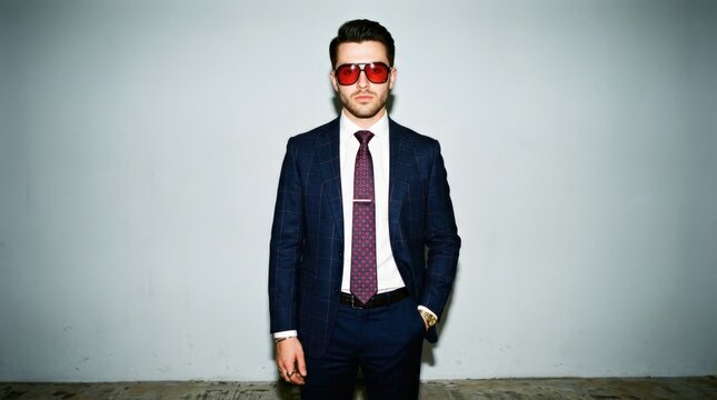 Young man in a checked dark suit, white shirt and patterned red tie wearing oversized red-tinted sunglasses, frontal studio fashion portrait, pale gray background, hard flash aesthetic, navy, crimson