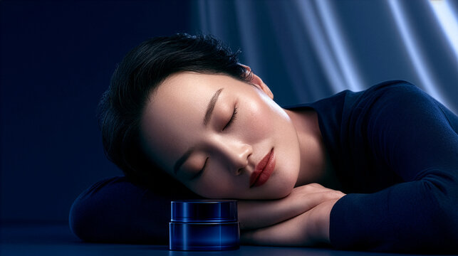 luxury night skincare campaign, beautiful Asian woman peacefully resting. midnight blue cosmetic cream jar placed in the foreground, deep navy seamless background with subtle moonlight gradient