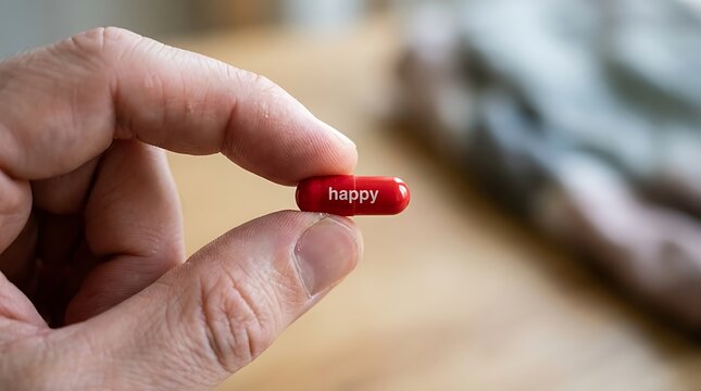 Person holding a red medical capsule pill with the word happy printed on it between fingers for mental health care