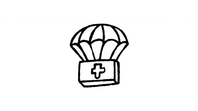 Animated doodle icon of a parachute dropping a medical emergency aid package from the sky