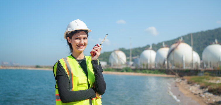Woman engineer working and inspection gas pipeline system new construction project of industrial.