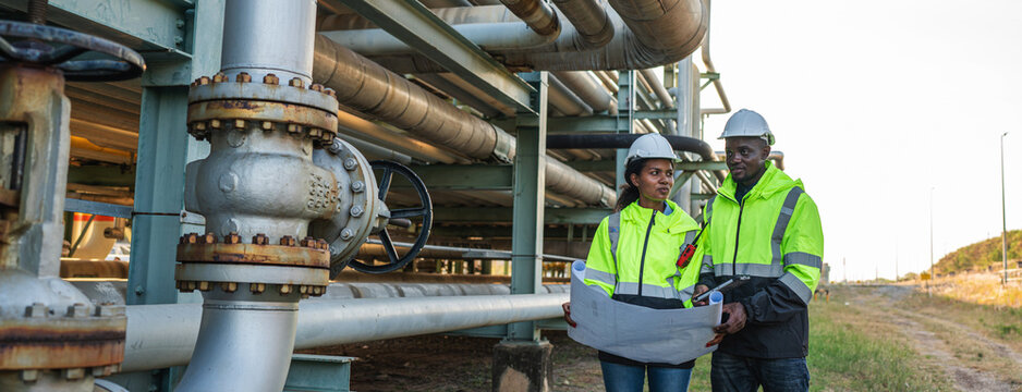 Young mechanical engineer holding blueprint drawing to checking and inspection gas pipeline system new construction project of industrial.