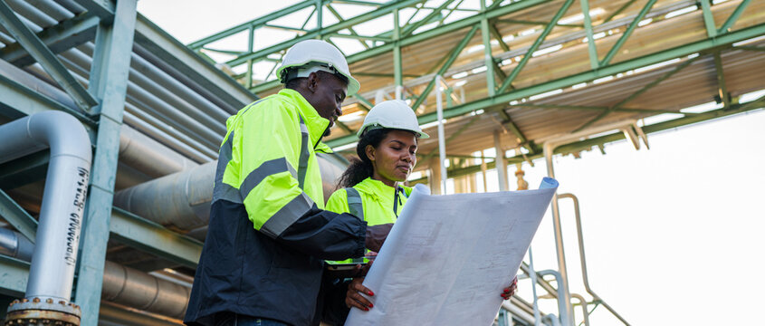 Young mechanical engineer holding blueprint drawing to checking and inspection gas pipeline system new construction project of industrial.
