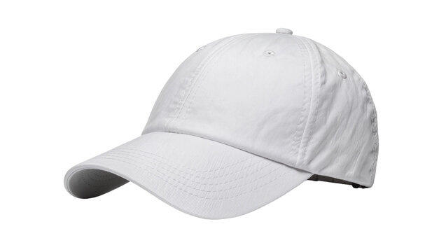 Plain white baseball cap with curved brim, isolated on transparent background