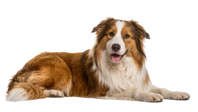 Brown and white border collie dog lying down, isolated on transparent background