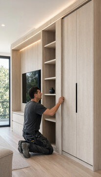Professional carpenter adjusting custom wooden wardrobe shelving unit in modern apartment interior with carpenter work cabinet maker home renovation wooden furniture interior design