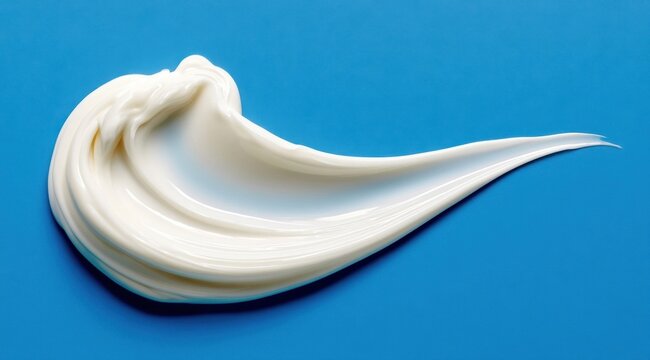Close-up view of a single swirl of creamy white moisturizer on a bright blue surface