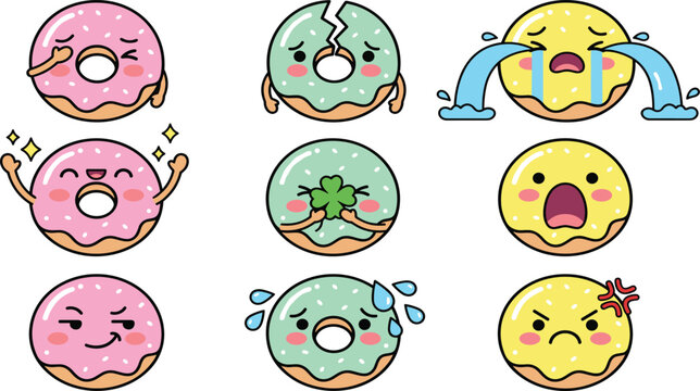 Cute Kawaii Donut Emoji Character Set Showing Happy, Sad, Angry, Crying, Surprised, Lucky, Broken, and Playful Dessert Expressions