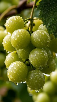 a bunch of green grapes with water droplets on their surface. The grapes are clustered together on a vine, and the droplets glisten in the light, reflecting the surrounding environment.