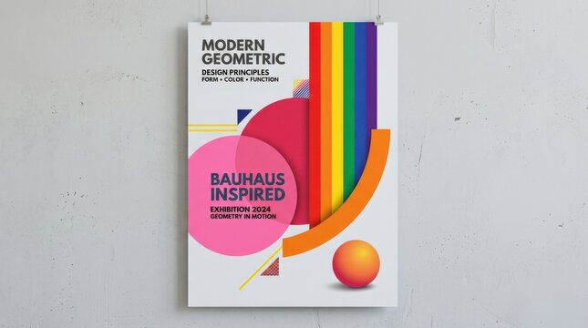 Modern geometric poster on a pale gray field with a tall vertical rainbow bar, huge pink-red circular forms, orange arc and small gradient sphere, crisp flat shapes, subtle layered depth and playful
