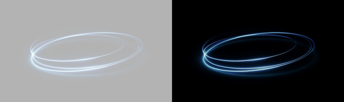 Blue neon ring with shimmering highlights, a soft gradient glow, and a blurred halo on a black background. Glowing  light, ellipse, and a blue glowing ring, a PNG overlay on a transparent background.