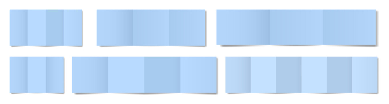 Set of blue folded paper sheets. Double gate fold. Vertical pages. Blank booklet. Four panel accordion fold