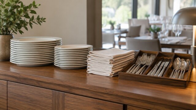 Restaurant Service Station with Organized Plates Napkins and Cutlery