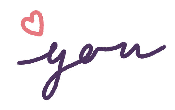 Handwritten script text saying you with a pink heart icon on white background