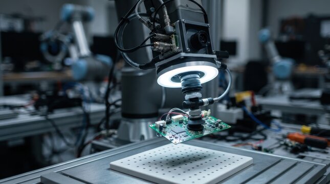 Vision guided robot hand holding a circuit board with lens module and vacuum cup in a robotics test bay