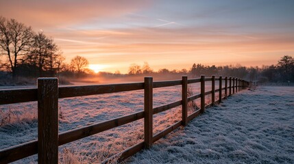 Obraz premium a serene sunrise over a frostcovered field. A wooden fence with weathered posts is the main subject. The sky is painted with hues of orange, pink, and blue.