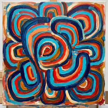 Abstract oil painting with vibrant colorful swirling shapes and textured brushstrokes on a square canvas background