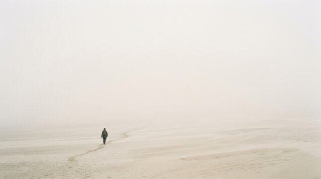 Tiny lone person moving through a nearly featureless misty beige-white landscape, minimalist atmospheric photography, soft fog, delicate tonal gradients, enormous negative space, meditative solitude