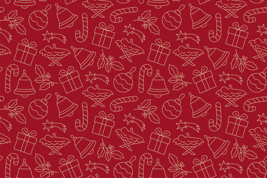 seamless christmas pattern with present, nativity scene, bauble, candy cane, holly berry, bell and bauble icons - vector illustration