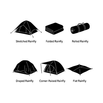 Tent rainflies stretched rolled draped set silhouette vector illustration, Tent rainfly styles silhouette design