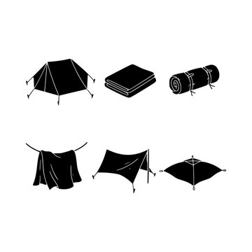 Tent rainflies stretched rolled draped silhouette vector illustration, Tent rainfly stretched draped silhouette design