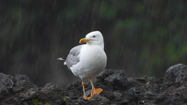 Yellow legged gull perches on wet rocks beside the sea during rainy coastal weather.
