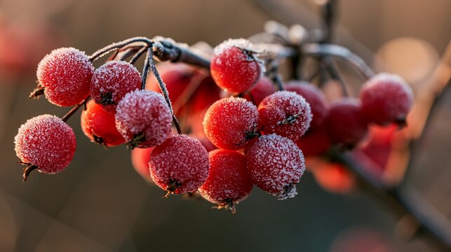 a cluster of red berries covered in frost. The berries are clustered together on a branch, with some overlapping each other. The frost covers the berries, giving them a translucent, frosty appearance.