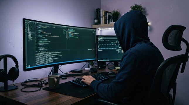 Hooded person working at a desktop monitor in a dim room, cybersecurity and coding lifestyle photography, blue hoodie, pale lavender wall, screen glow, side-back view, modern workstation, cool muted