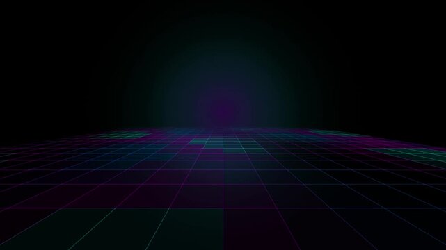 Abstract digital background with a glowing neon grid perspective in dark space.