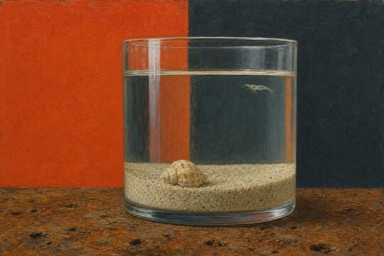 Aquarium still life with sand shell and tiny shrimp in glass jar