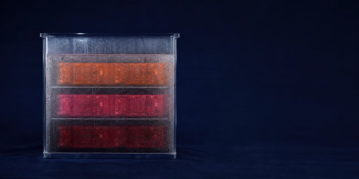 Transparent light box with glowing bars and dark blue space