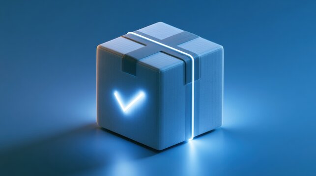 A generic parcel is shown with a glowing checkmark indicating that the order is confirmed. The scene is bright and clean, allowing for text.