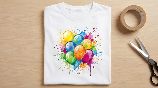 Colorful balloons printed on a white t-shirt lying on a wooden desk with scissors and tape for a creative project