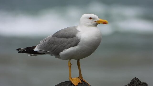 Yellow legged gull perches on wet rocks beside the sea during rainy coastal weather.