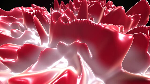 Abstract red pearlescent liquid surface dynamically flowing and rippling, creating a luxurious organic motion background