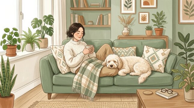 Woman relaxing on a green sofa beside a fluffy cream dog, cozy flat editorial illustration, muted sage, ivory, tan and soft brown palette, indoor plants, simplified forms, gentle daylight, pet
